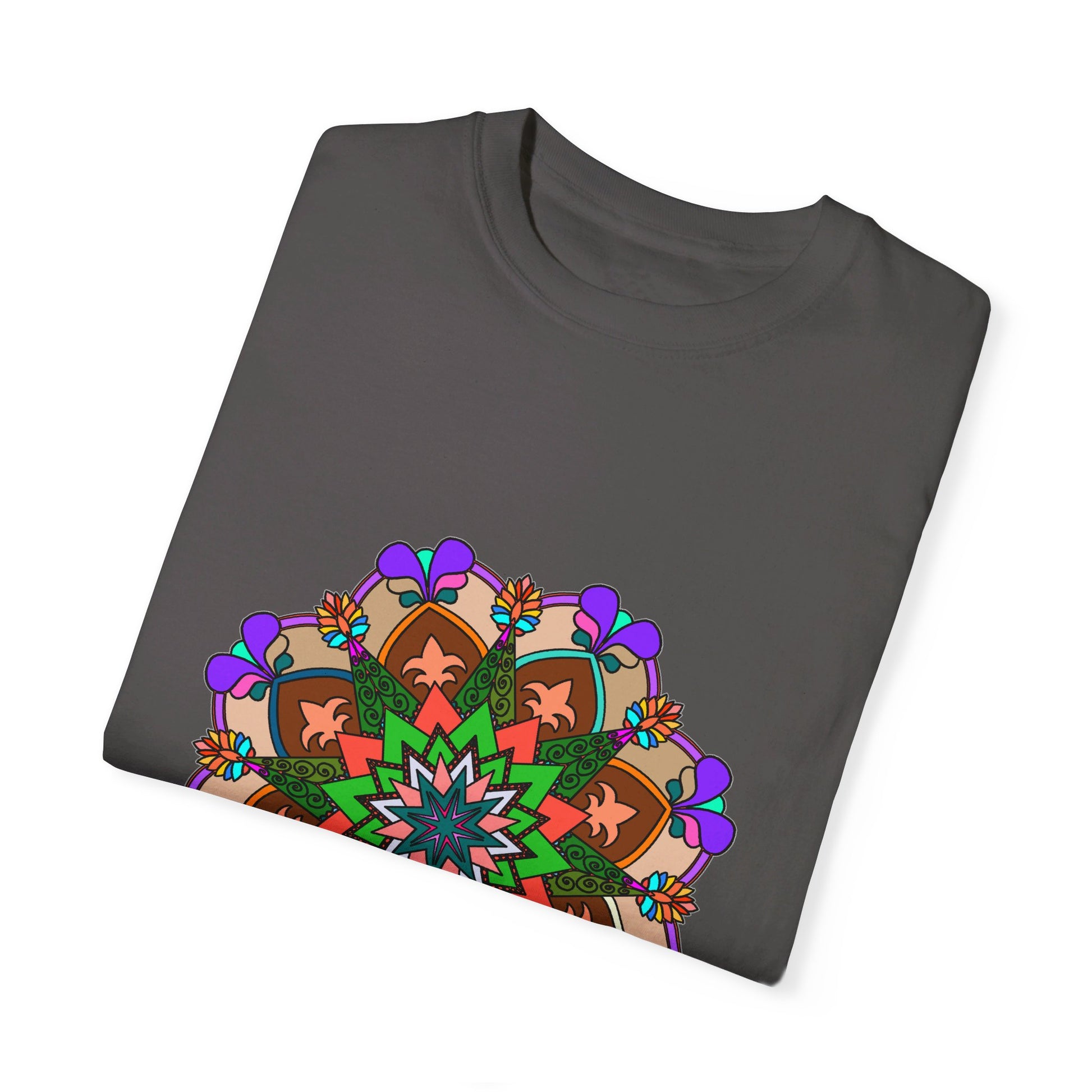 Unisex mandala t-shirt made of 100% ring-spun cotton, featuring hand-drawn mandala art and garment-dyed for extra comfort