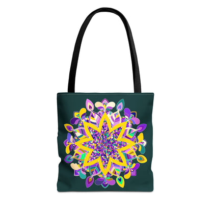 Dark green mandala tote bag with colorful zen design for the modern girl by Blululi