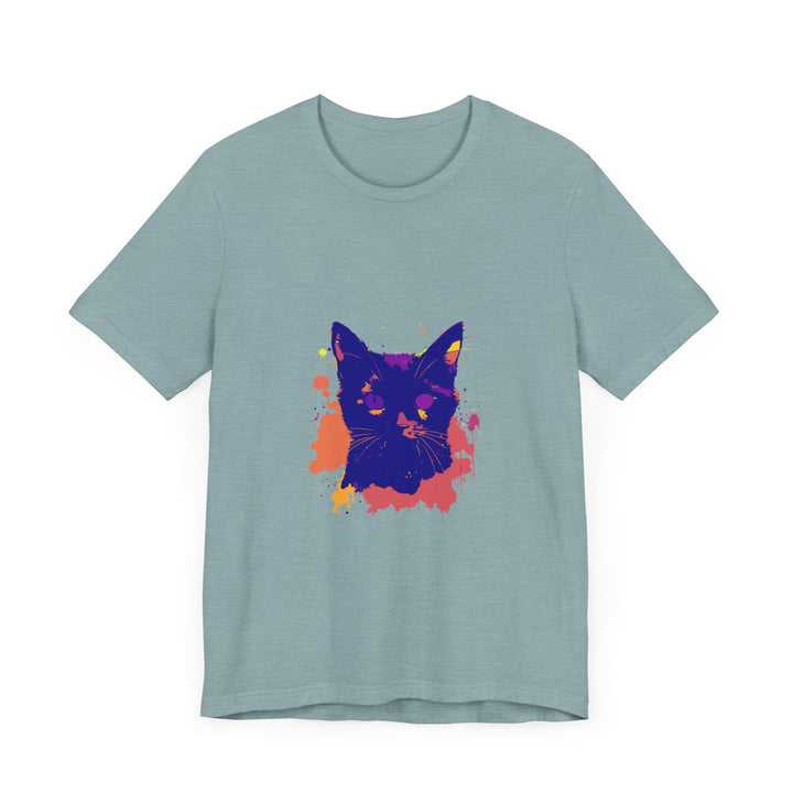 A trendy black cat mystery t-shirt with a colorful and unique splatter design