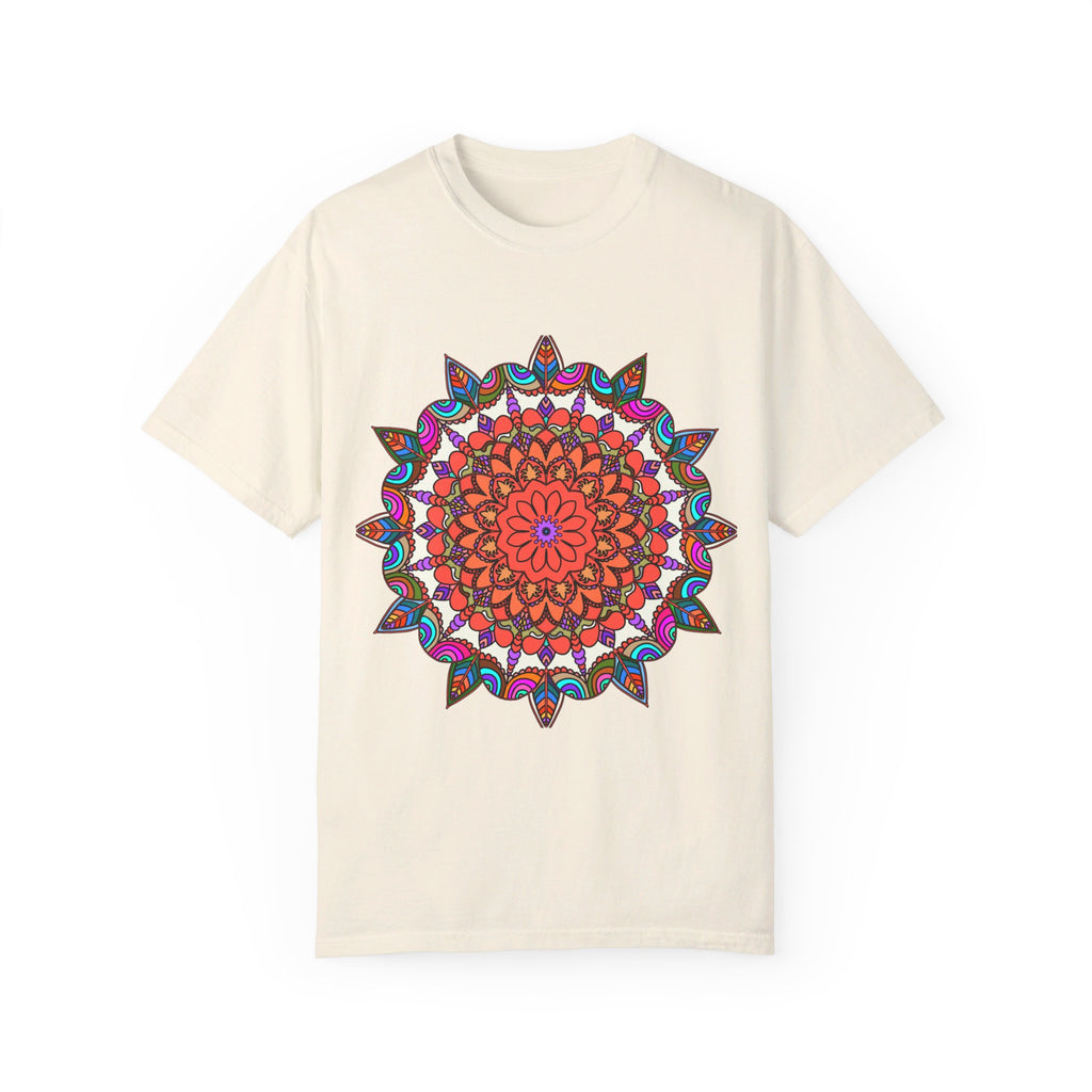 Unisex Mandala T-Shirt featuring hand-drawn mandala art on 100% ring-spun cotton, garment-dyed for extra comfort