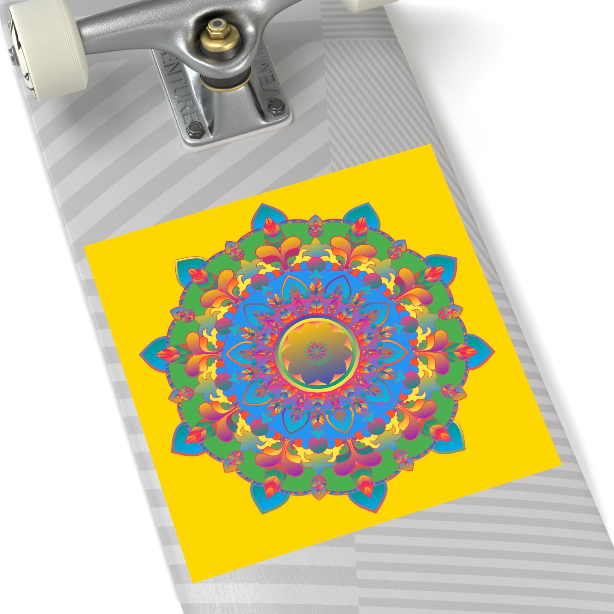 Handgezeichnete Mandala-Laminieraufkleber – Gold, Rot und Grün auf sonnengelbem Grund
