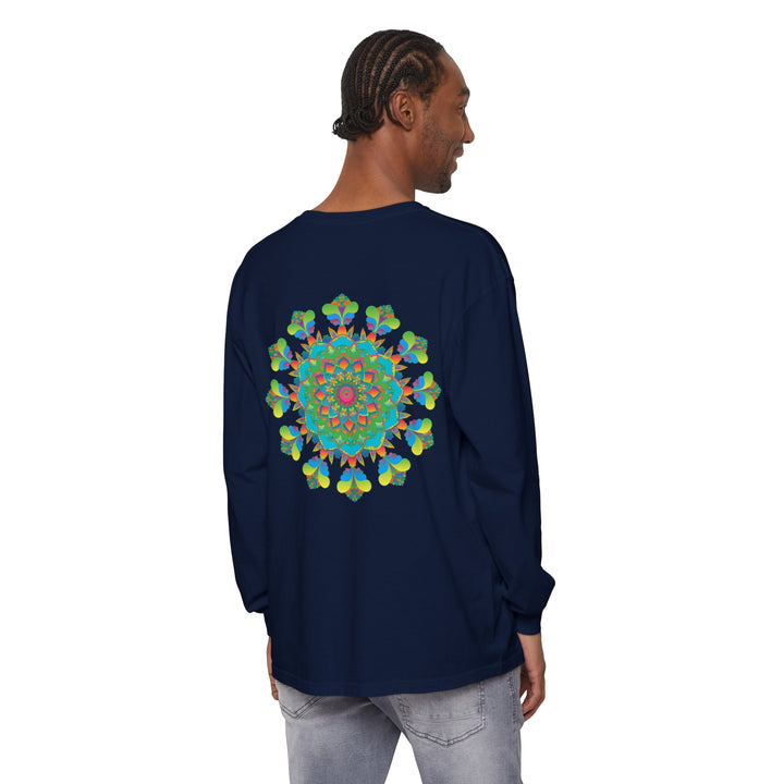 Colorful and vibrant long sleeve tie dye t-shirt with intricate psychedelic mandala design