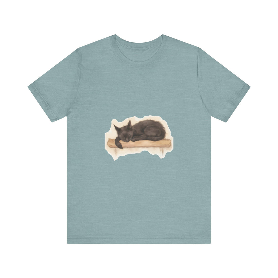 A cozy and adorable watercolor illustration of a black cat sleeping on a t-shirt