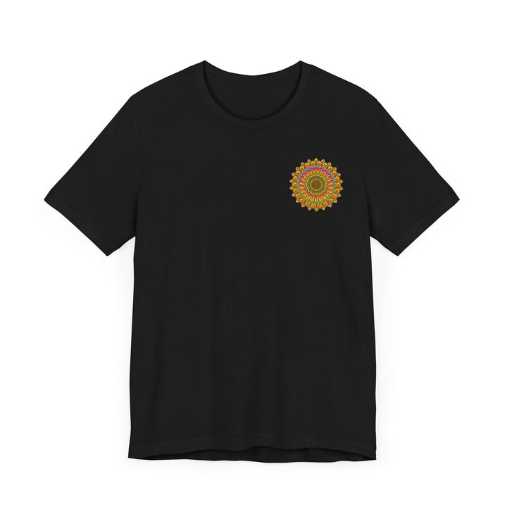 A colorful and intricate mandala design tee, symbolizing spiritual peace and harmony