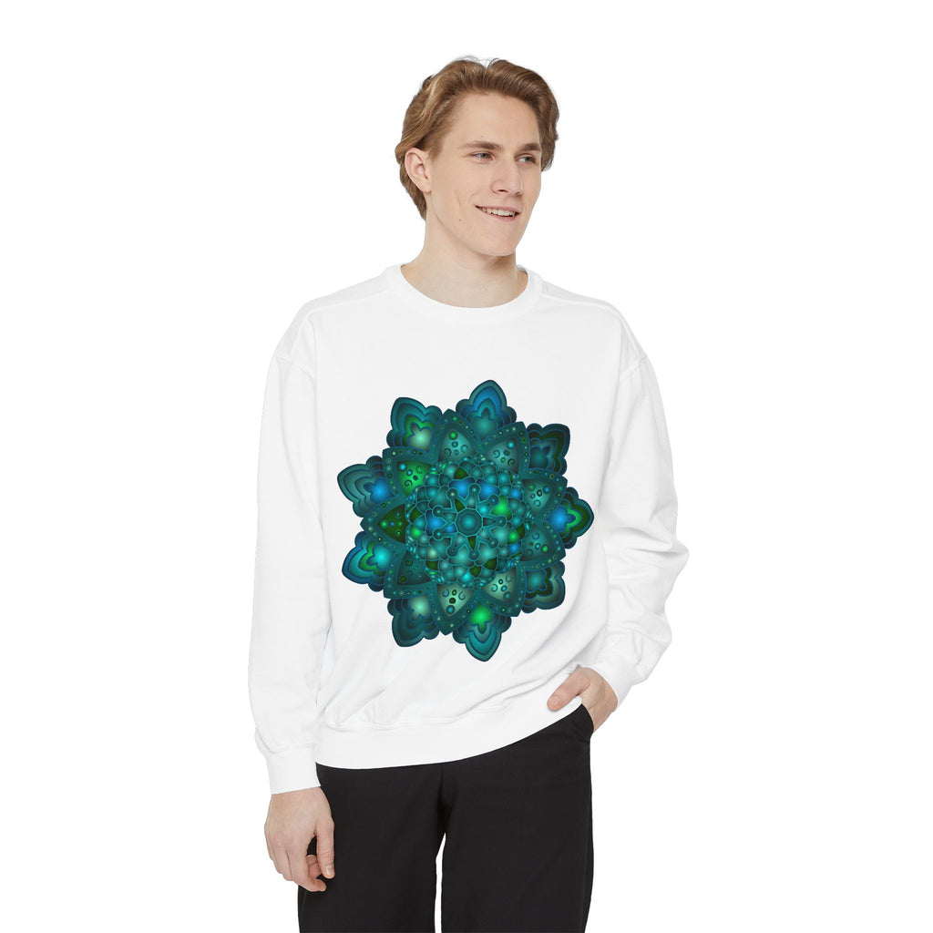 Beautiful blue and green mandala sweatshirt with intricate design and vibrant colors