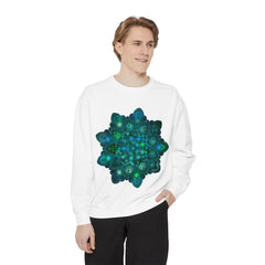 Beautiful blue and green mandala sweatshirt with intricate design and vibrant colors