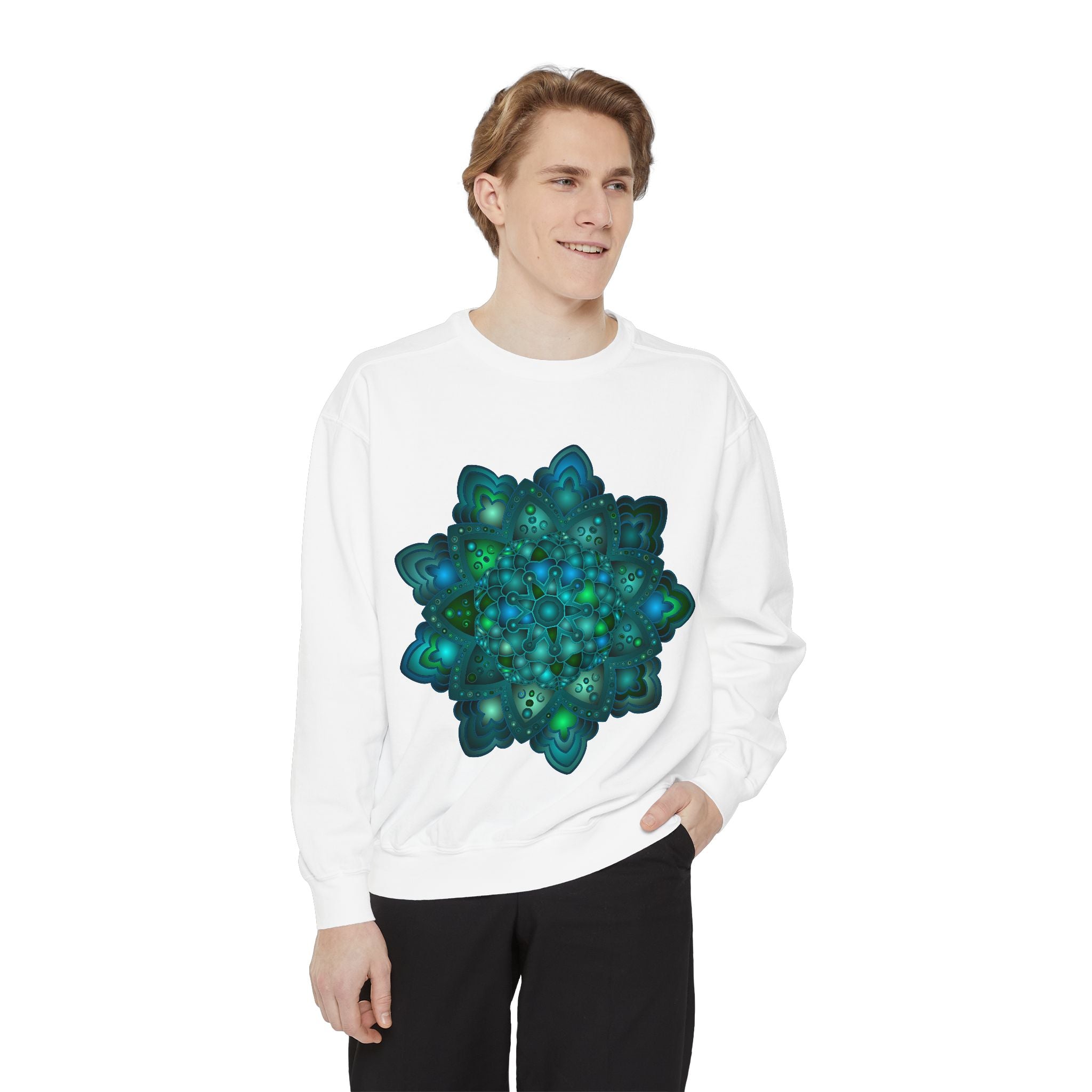Beautiful blue and green mandala sweatshirt with intricate design and vibrant colors