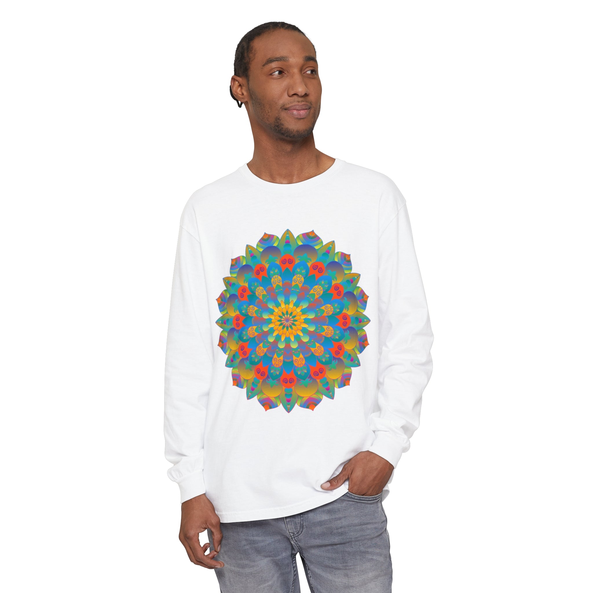 Colorful, intricate mandala design long sleeve t-shirt for both men and women