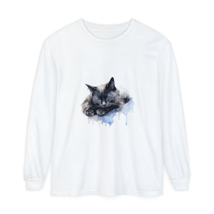 A watercolor illustration of a sleeping cat on a t-shirt