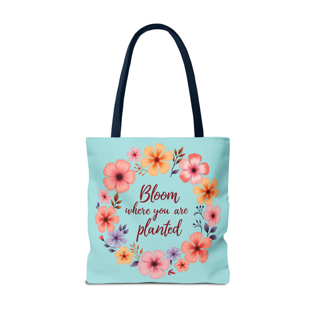 Floral tote bag featuring the quote 'Bloom Where You Are Planted' available in 3 different sizes