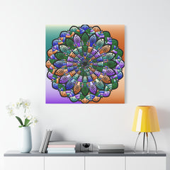 Colorful mandala painting on a wall above a shelf with decor items.