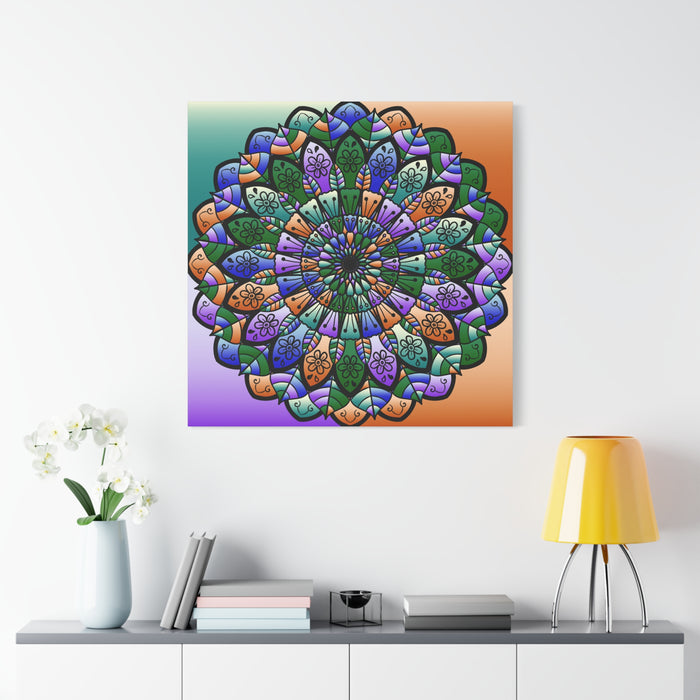 Colorful mandala painting on a wall above a shelf with decor items.