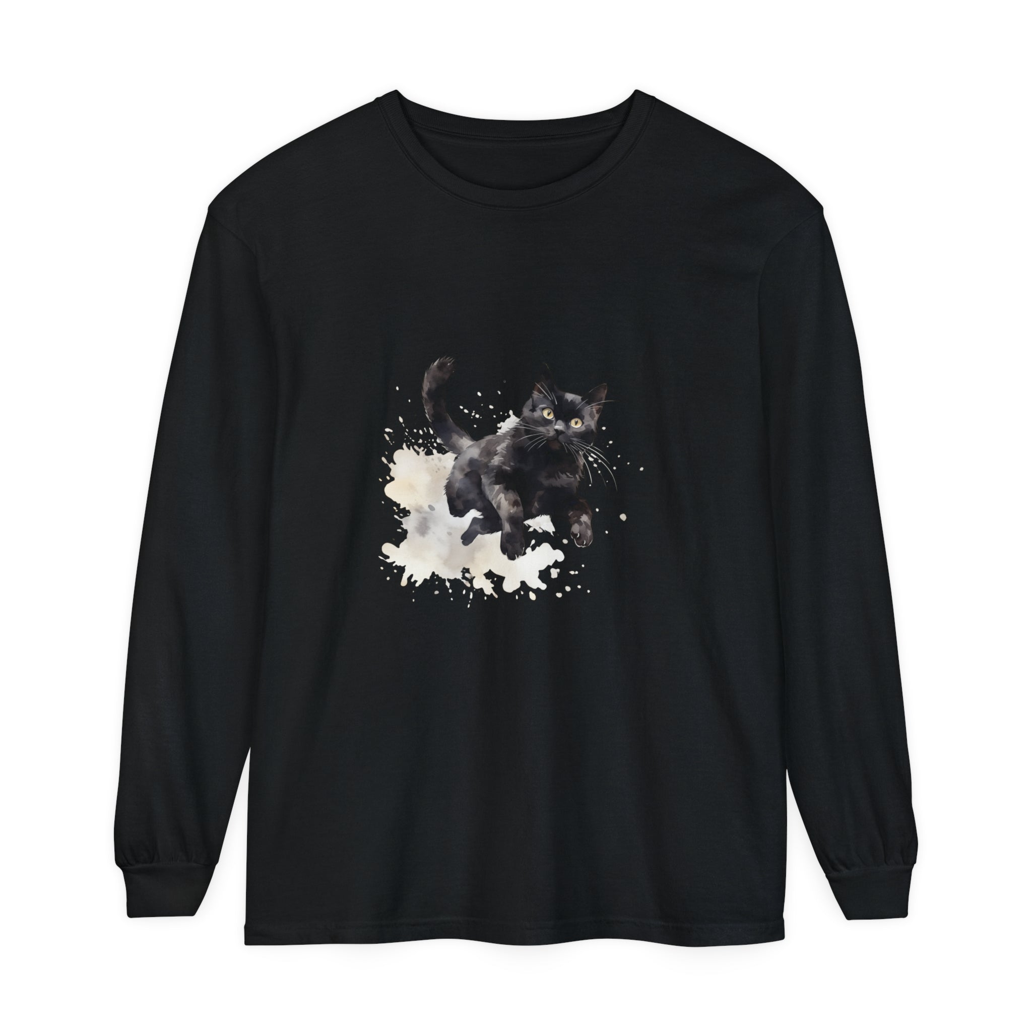 Black Cat Watercolor Splash T-Shirt, a stylish and vibrant piece for cat lovers