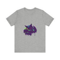 A vibrant and eye-catching Black Cat Mystery t-shirt featuring colorful paint splatter design