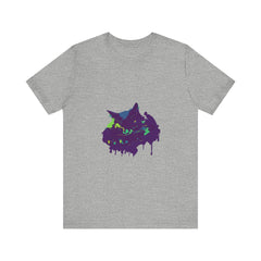 A vibrant and eye-catching Black Cat Mystery t-shirt featuring colorful paint splatter design