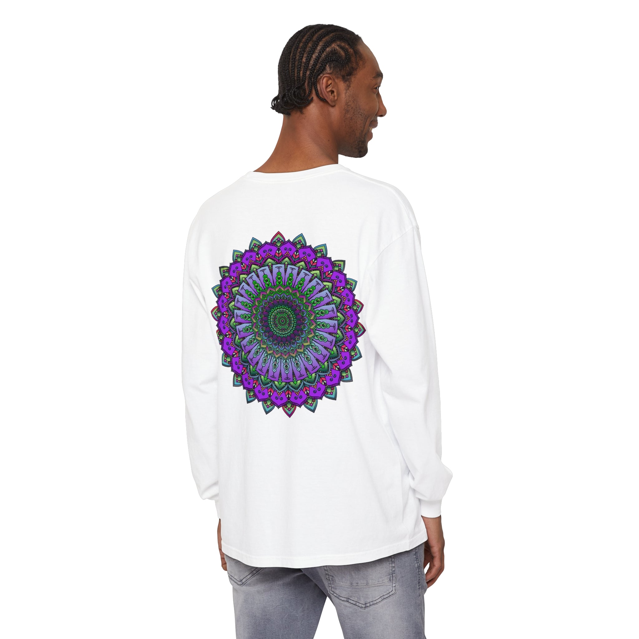 Intricate Mandala Unisex Long Sleeve T-Shirt with detailed geometric design in various colors