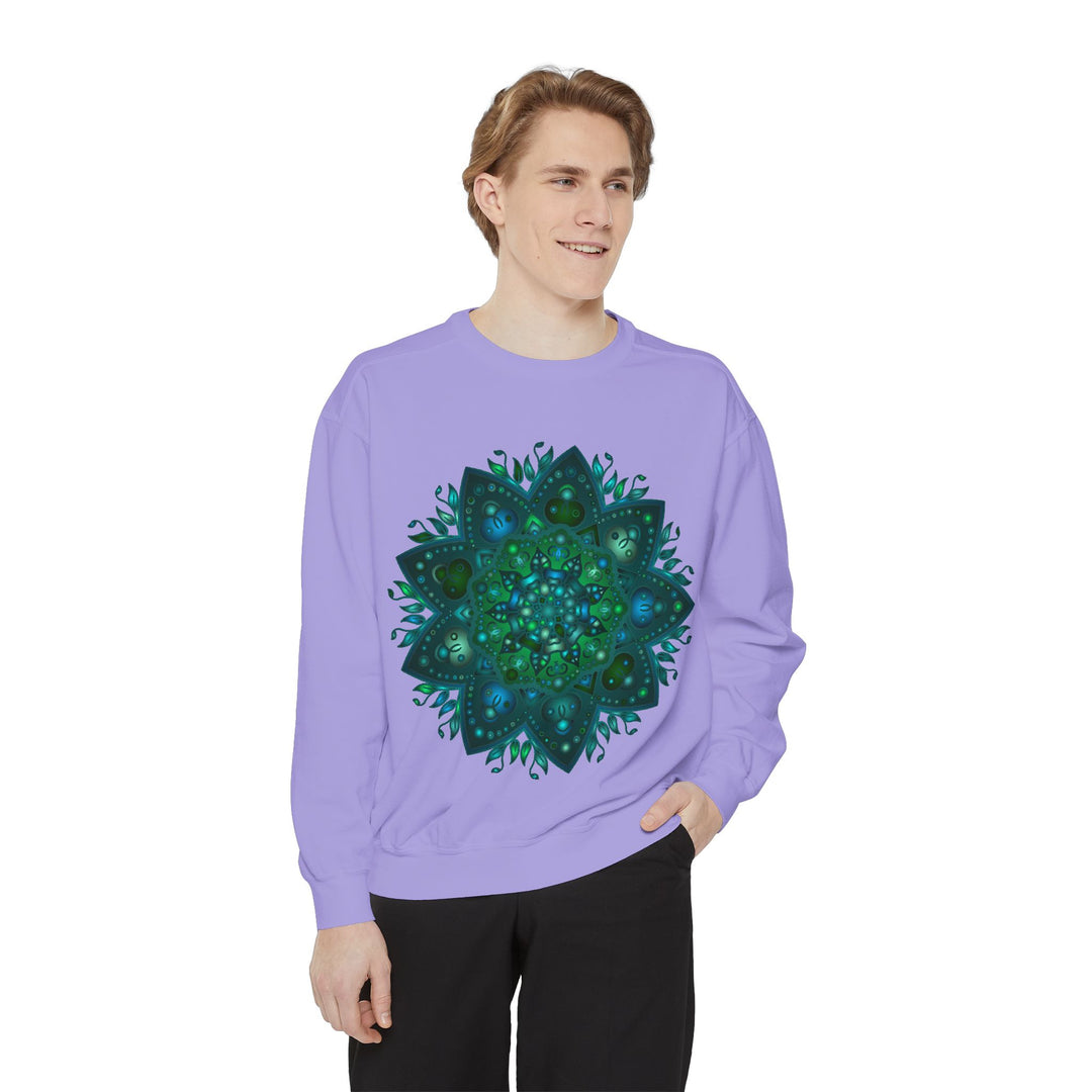 Teal and blue mandala sweatshirt with intricate design and detailed patterns