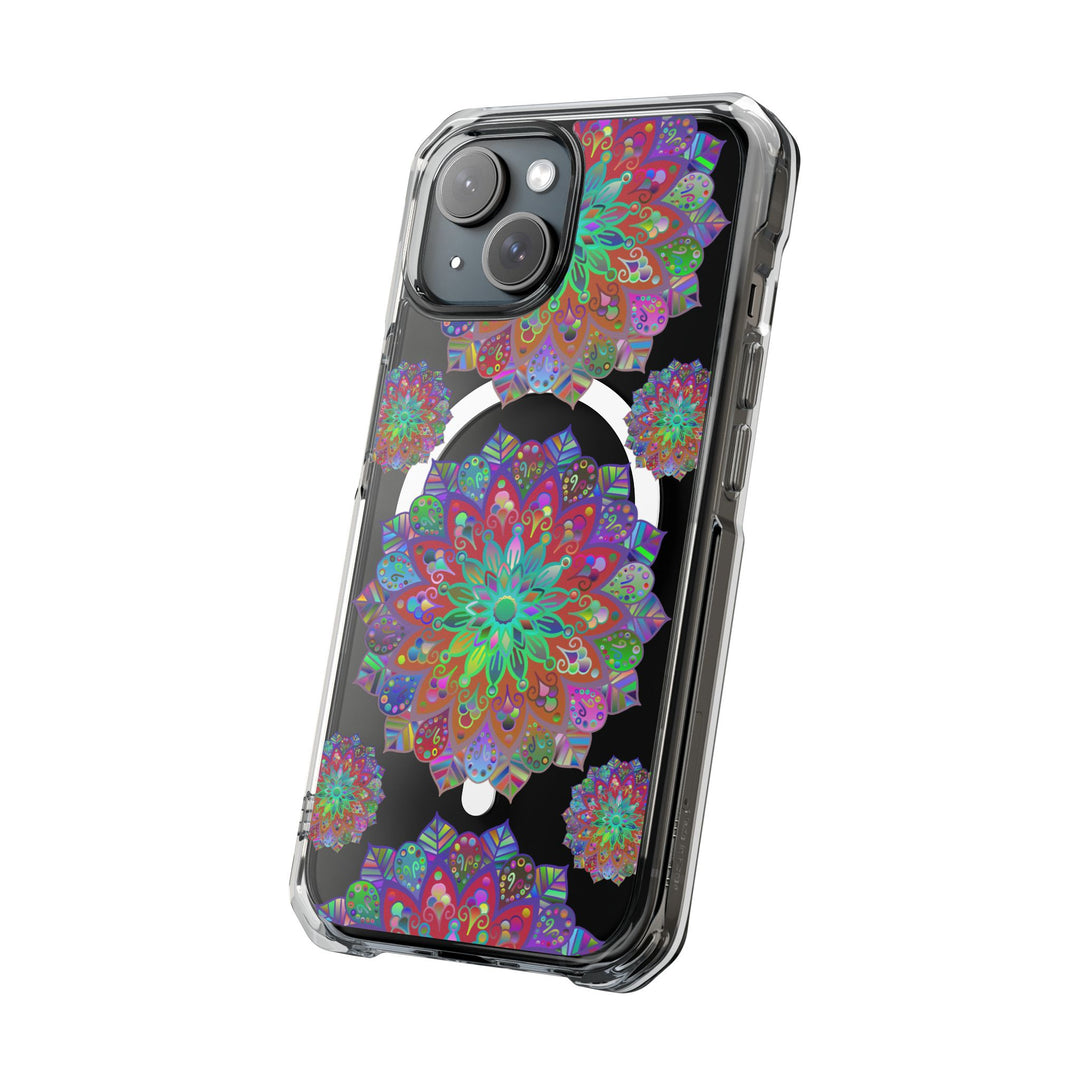 Black impact-resistant iPhone case with elegant Mandala design, compatible with MagSafe® for iPhone 14 and 15 models