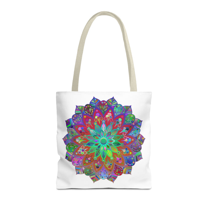 Vibrant, intricate mandala patterned tote bag with colorful, all-over print design