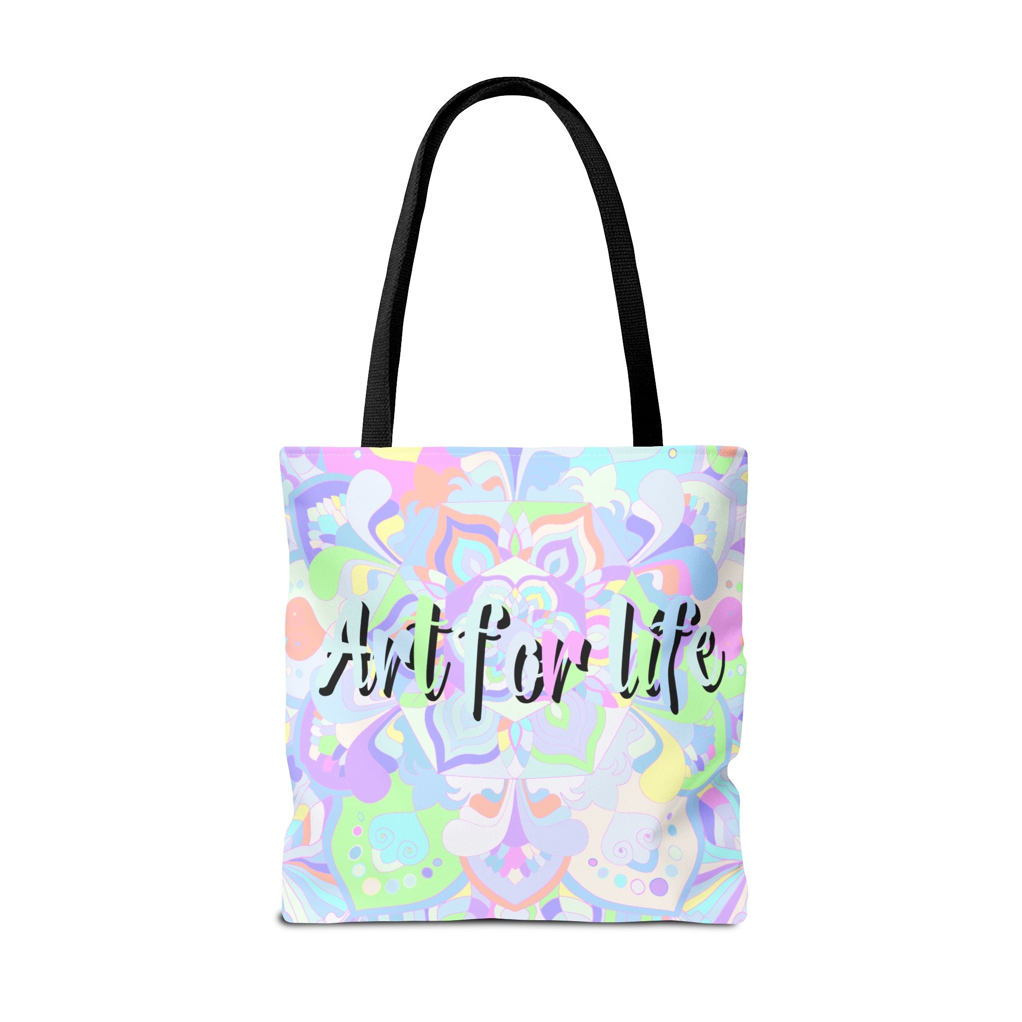 Colorful mandala tote bag with inspirational 'Art for Life' quote