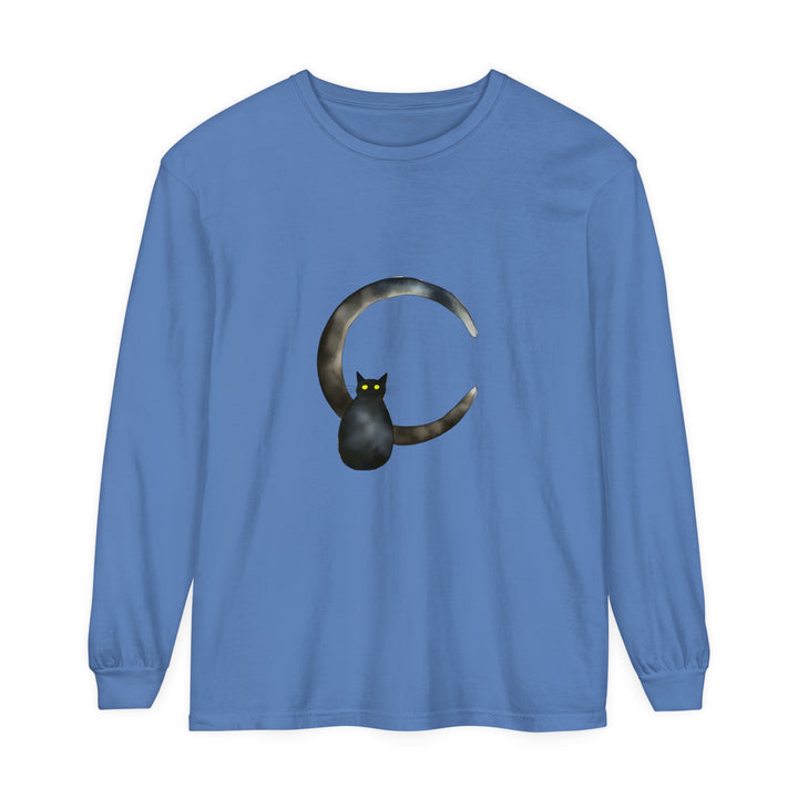 Black Cat Crescent Moon T-Shirt with Halloween inspired design and comfortable fit