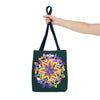 Colorful mandala tote bag in dark green, featuring a zen girl design by Blululi