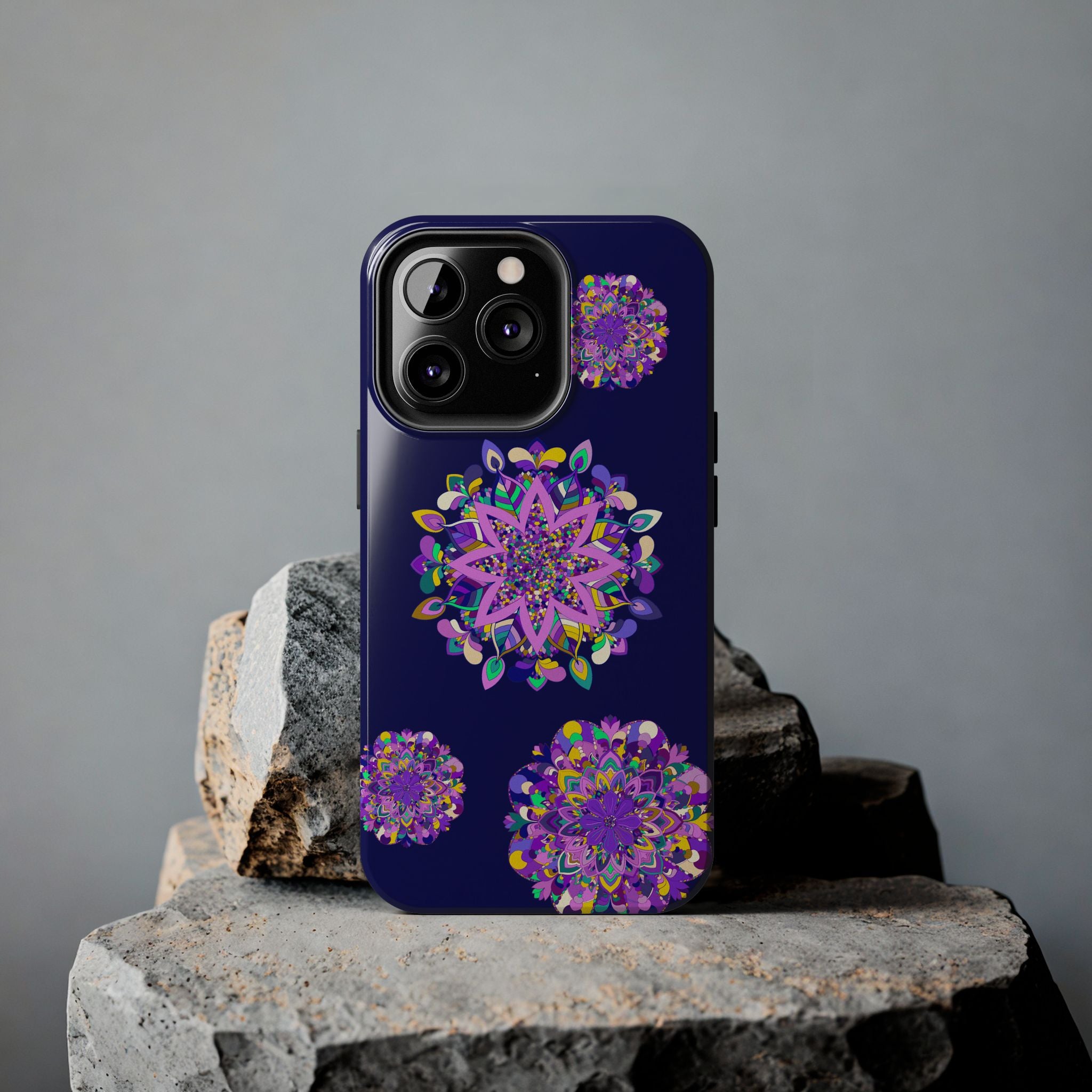 Hand drawn purple mandala art phone case, durable and shock absorbent