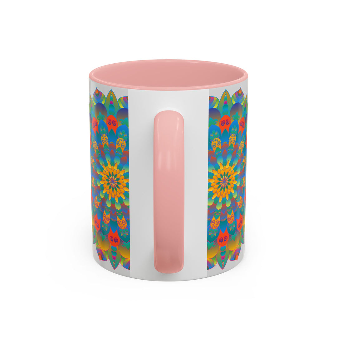 Vibrant yellow, orange, and blue mandala art mug with intricate design