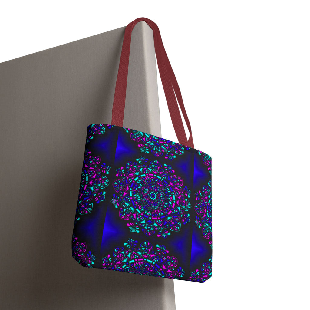 Kaleidoscope Mandala Tote Bag — Vibrant Neon Floral Pattern