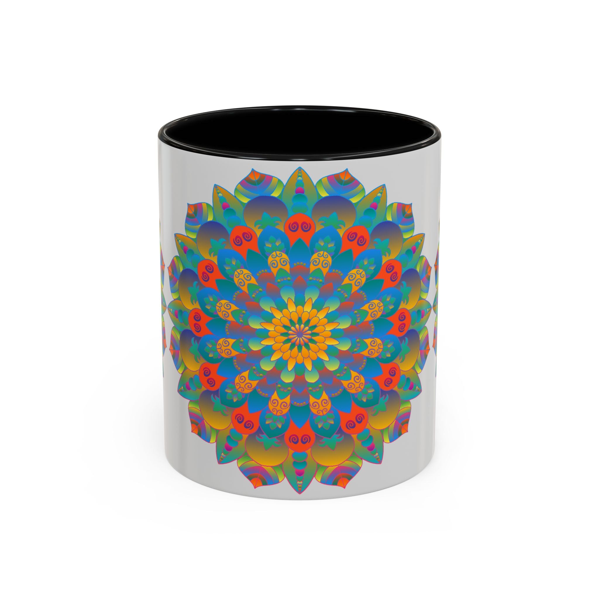 A vibrant yellow, orange, and blue mandala art mug, perfect for enjoying your favorite hot beverages