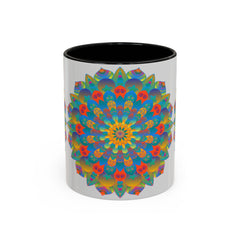 A vibrant yellow, orange, and blue mandala art mug, perfect for enjoying your favorite hot beverages