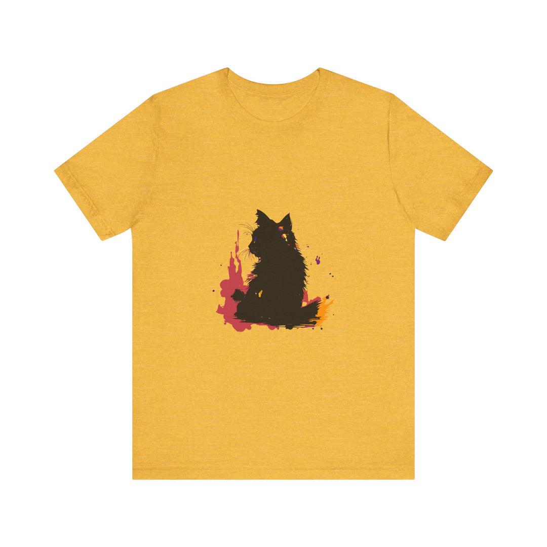 Black Cat Mystery T-Shirt showcasing a colorful splatter art design, perfect for cat lovers and fans of unique, eye-catching fashion