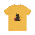 Black Cat Mystery T-Shirt showcasing a colorful splatter art design, perfect for cat lovers and fans of unique, eye-catching fashion
