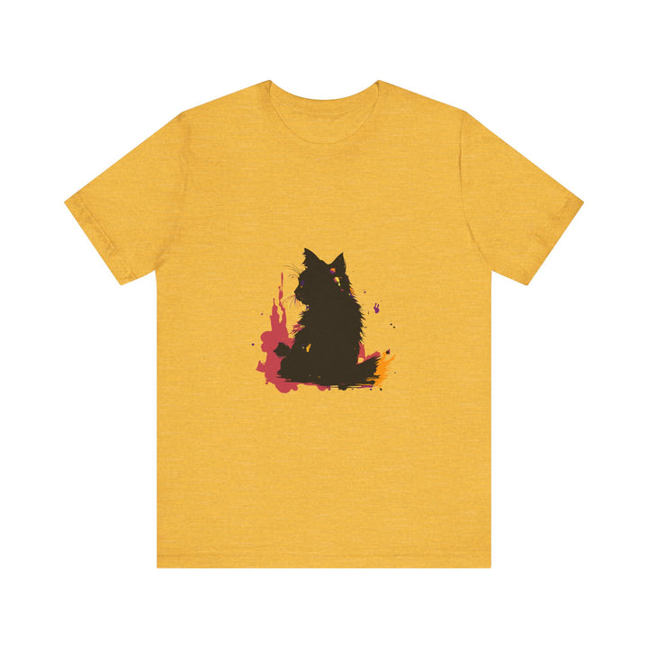 Black Cat Mystery T-Shirt showcasing a colorful splatter art design, perfect for cat lovers and fans of unique, eye-catching fashion