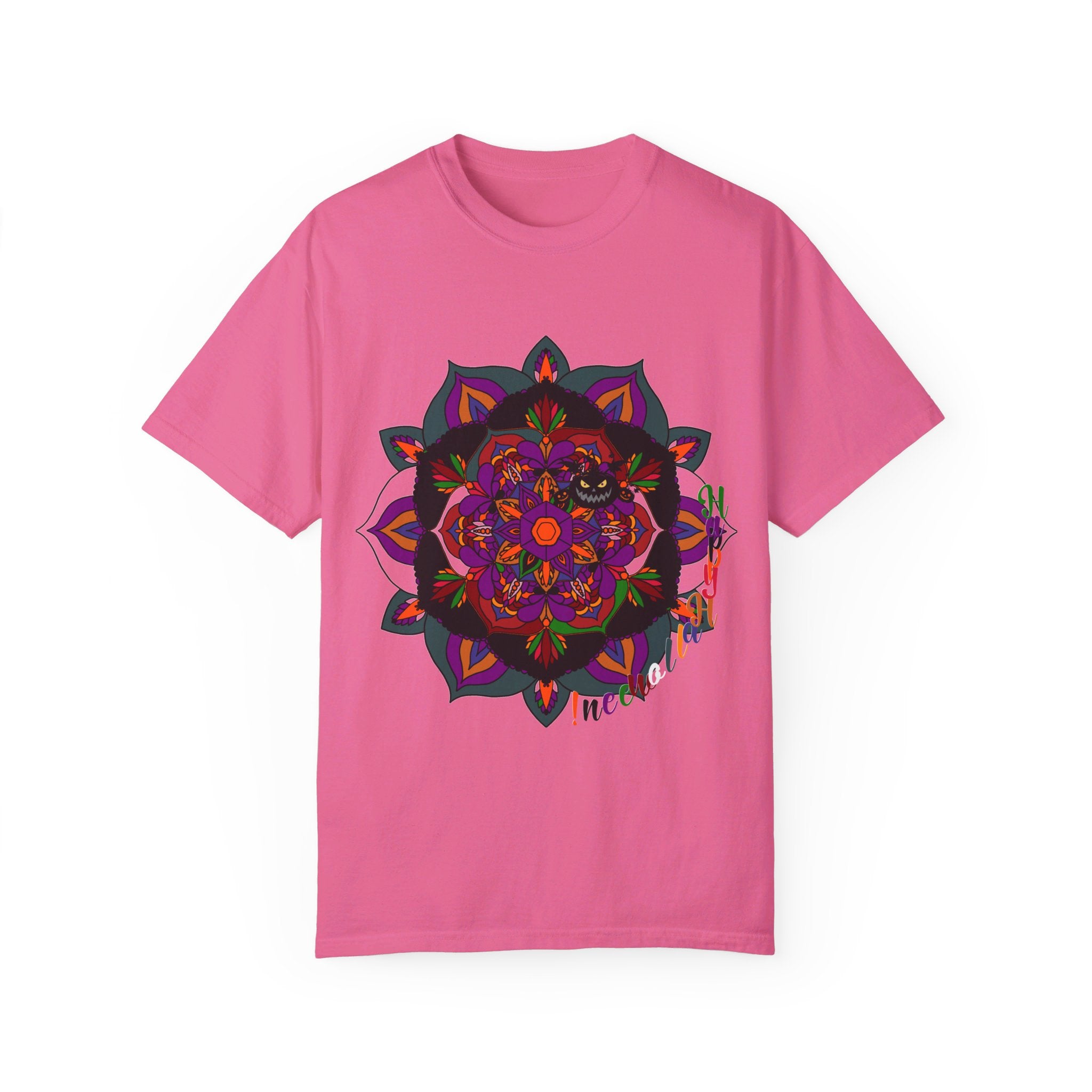 Handmade Mandala Design Halloween T-shirt featuring intricate mandala pattern in orange and black, perfect for both men and women