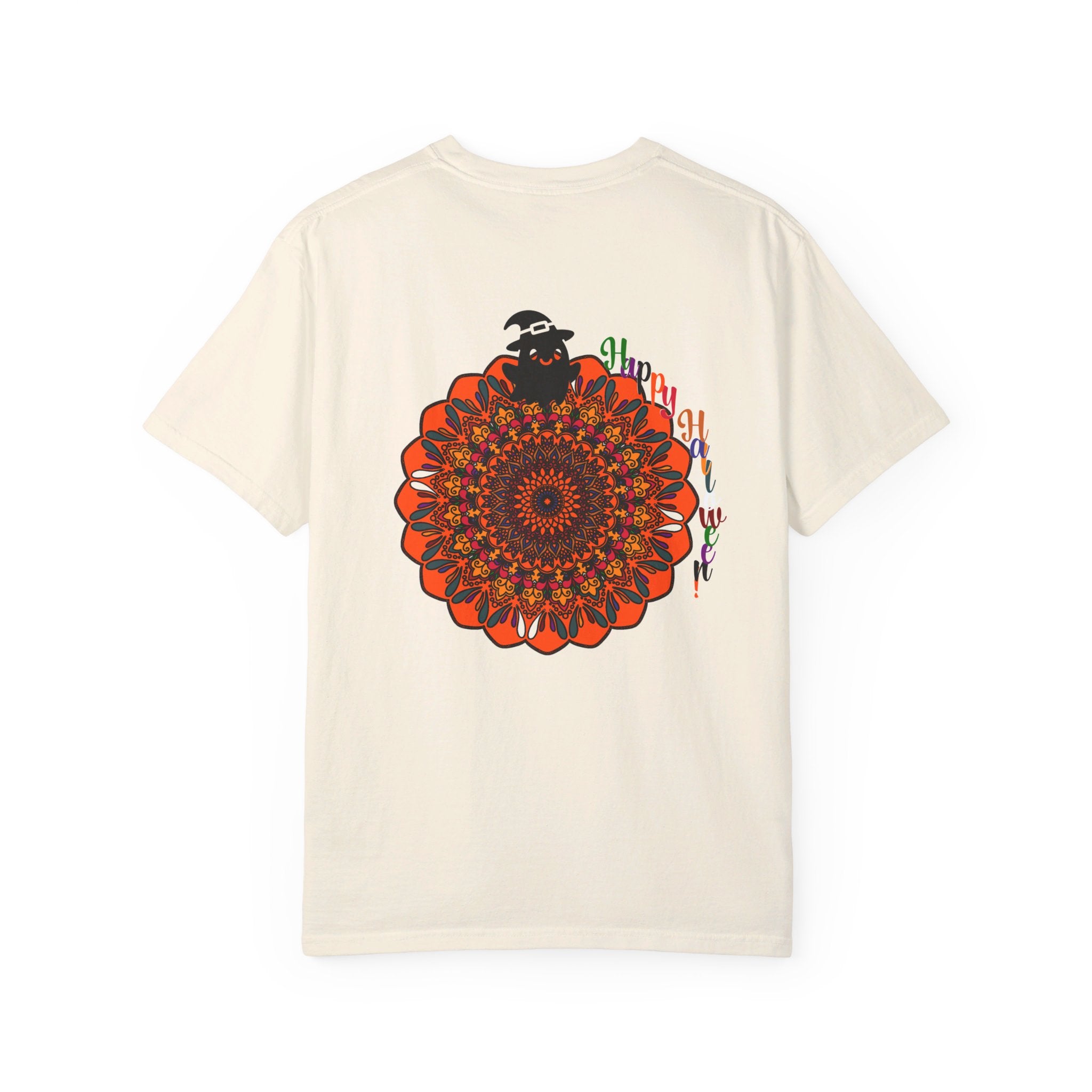 Unisex Halloween Mandala T-shirt featuring handmade pumpkin mandala art, dyed garment