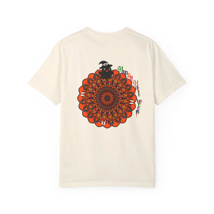 Unisex Halloween Mandala T-shirt featuring handmade pumpkin mandala art, dyed garment