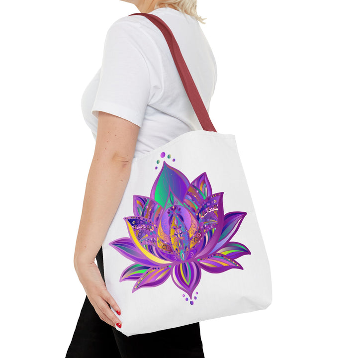 Colorful Mandala Lotus Tote Bag with intricate floral design and sturdy straps