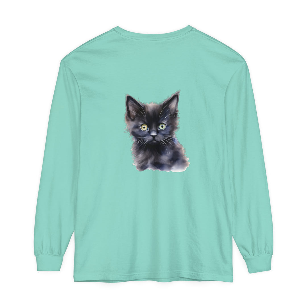 Black unisex long sleeve t-shirt with mystical kitten graphic design