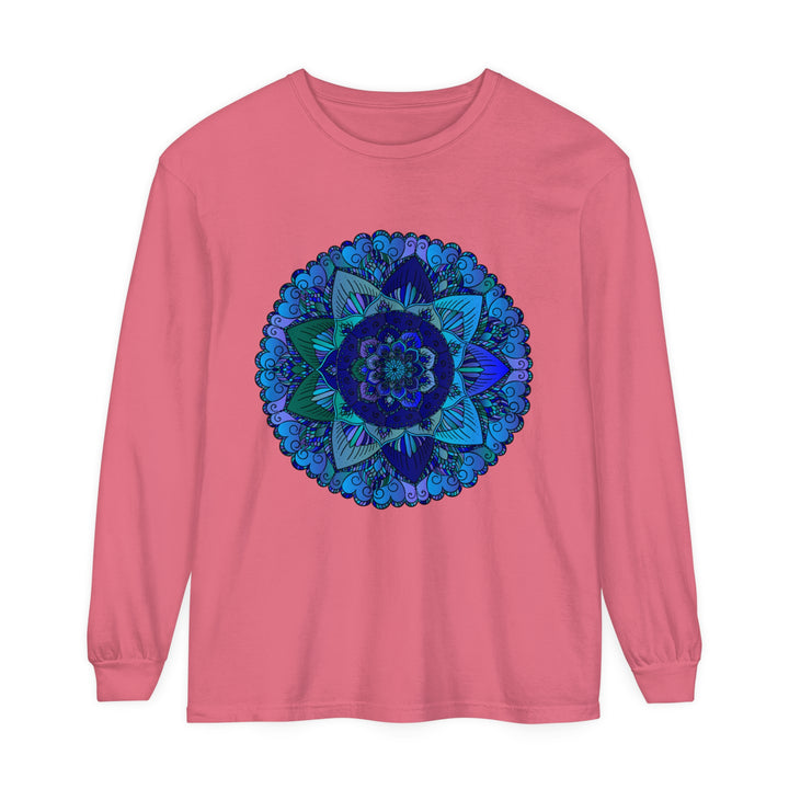 Dark blue and green mandala long sleeve t-shirt with intricate design