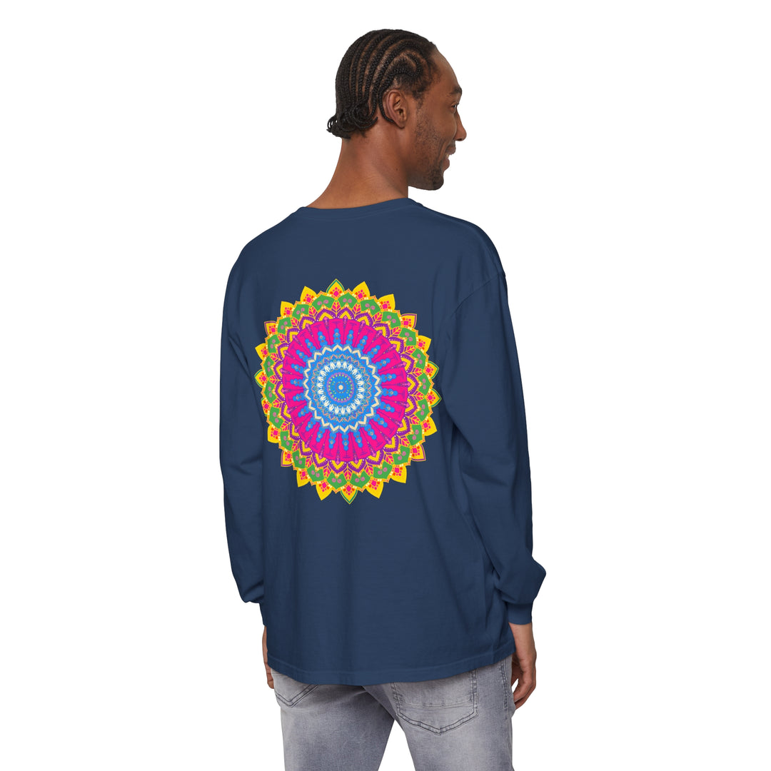 Colorful and intricate mandala design on long sleeve unisex t-shirt