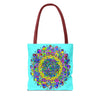 Beautiful and vibrant mandala art tote bag featuring a colorful and intricate design perfect for carrying your essentials in style