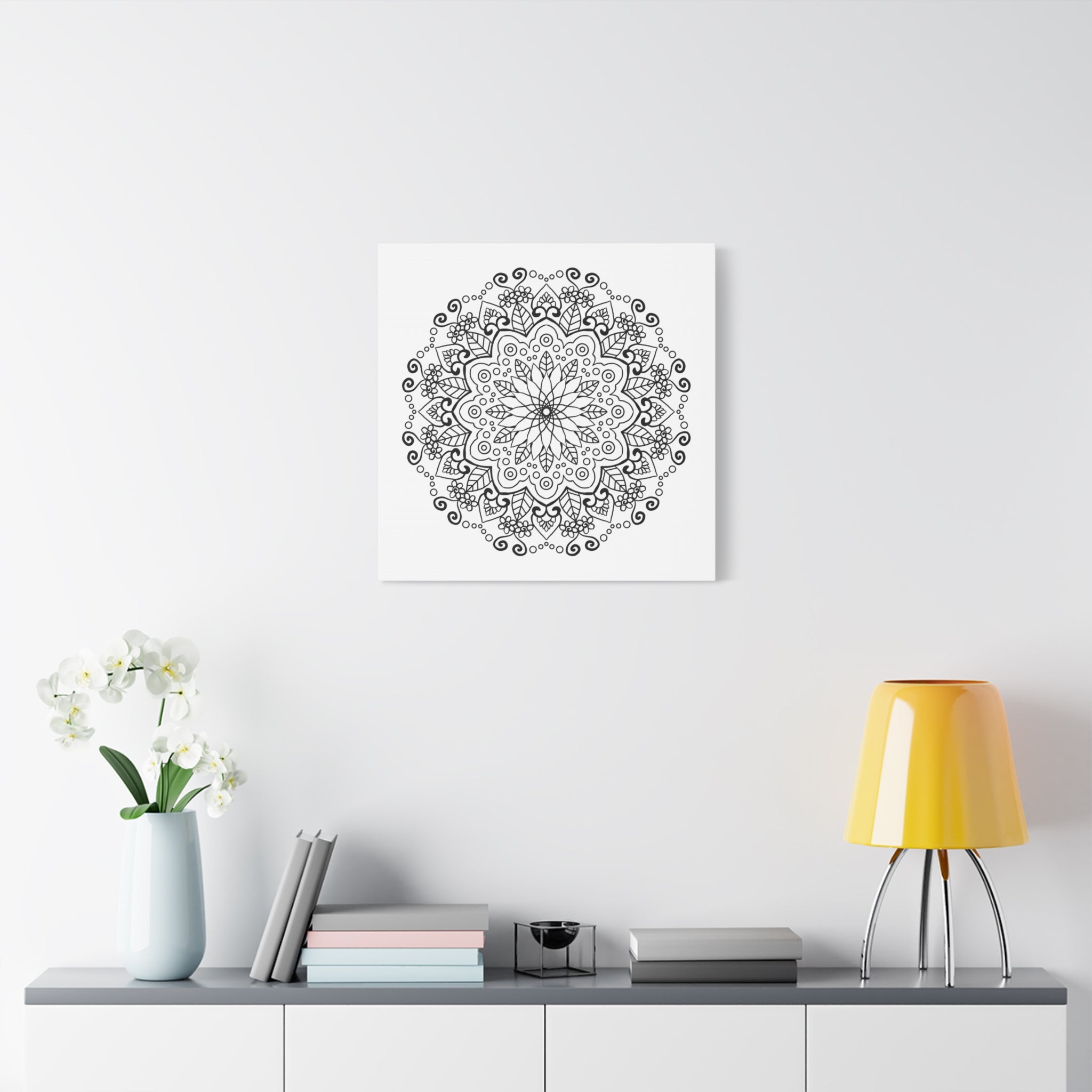 Handmade Mandala Art - Black & White Wall Art - Matte Canvas, Stretched, 125 - Intricately designed mandala artwork in black and white, perfect for decorating your walls with a matte canvas finish and 125 stretcher bars