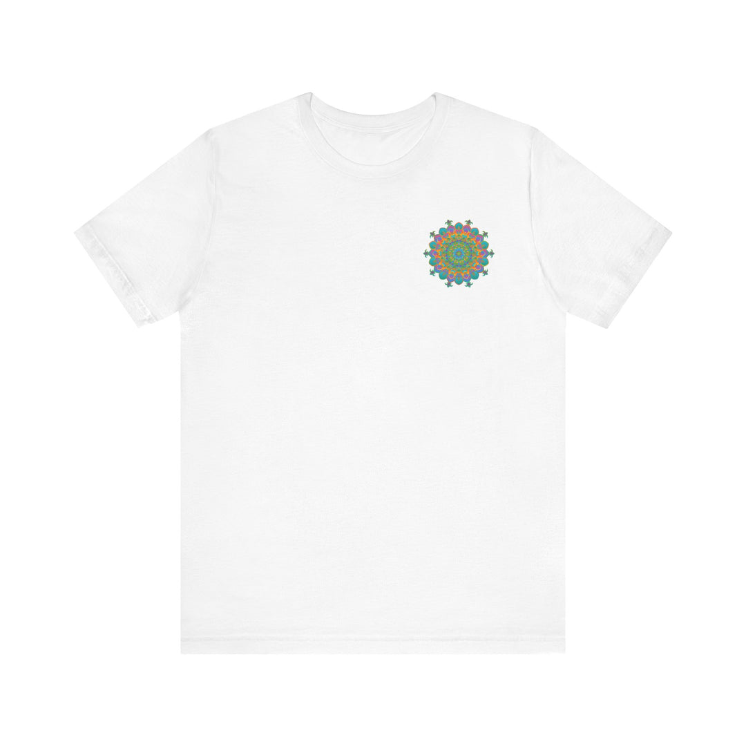 A colorful mandala tee featuring intricate patterns and symbols promoting spiritual peace and harmony for a vibrant and uplifting fashion statement