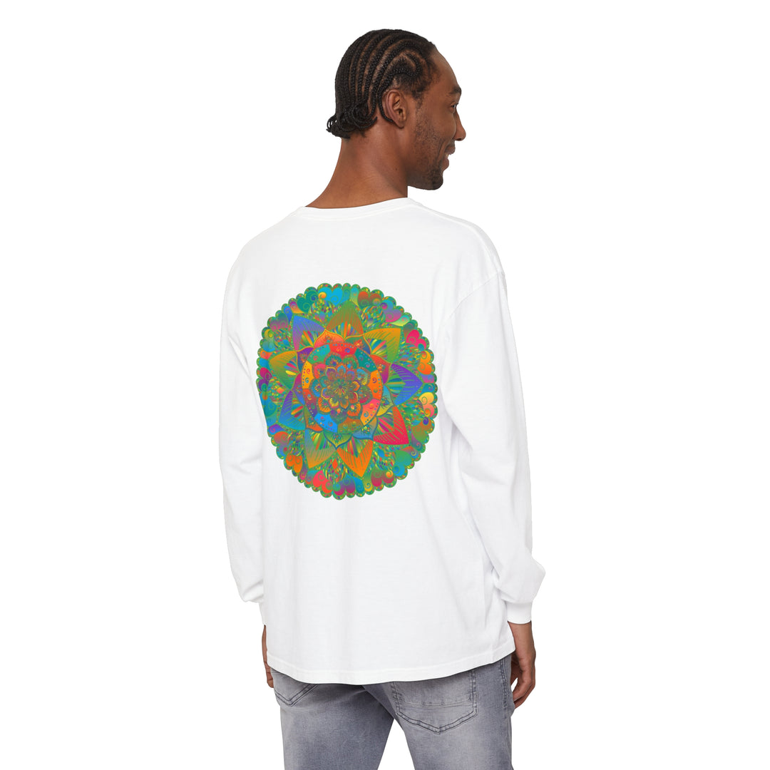 Colorful and intricate mandala design on a unisex long sleeve t-shirt