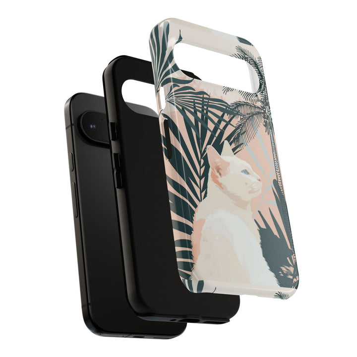 Tropische Katzen-Telefonhülle mit üppigen Palmenmotiven und sanften Pastelltönen