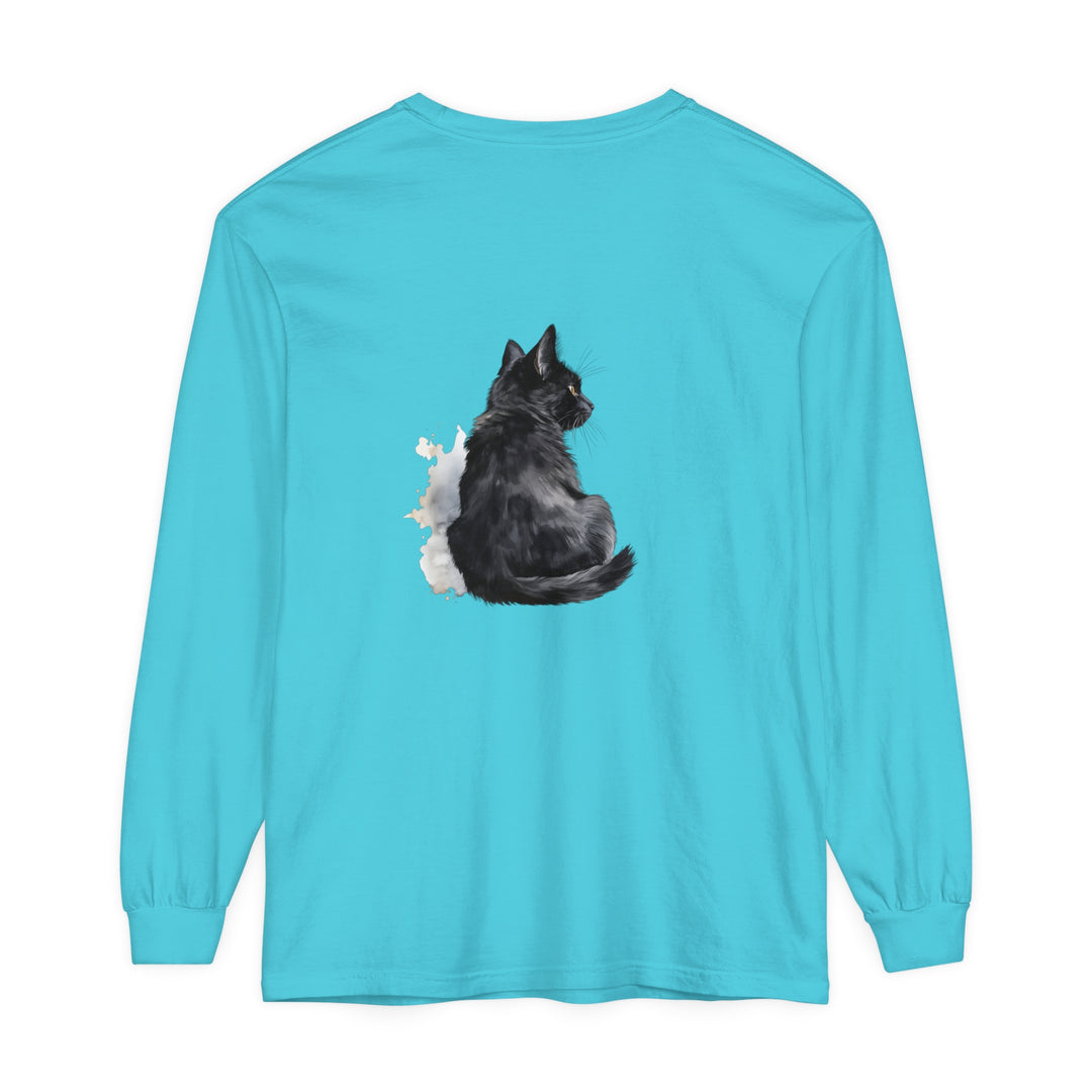 Black Cat Watercolor Unisex Long Sleeve T-Shirt featuring a stylish and unique watercolor design of a black cat on a comfortable, versatile long sleeve shirt