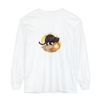 Black Cat & Moon Night Sky T-Shirt with a beautiful design of a black cat sitting on a fence under the moonlit sky, perfect for Halloween and cat lovers