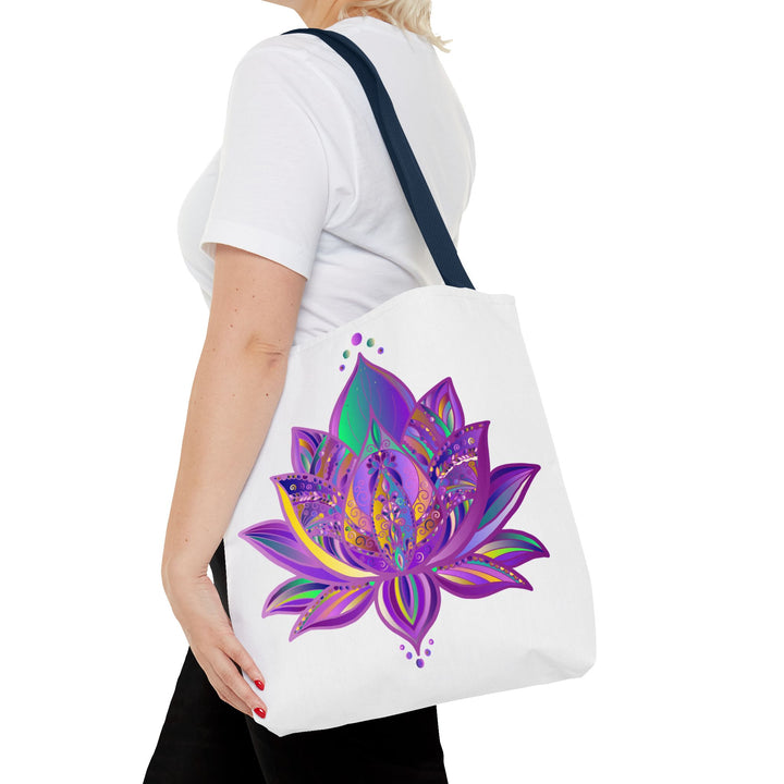 Colorful Mandala Lotus Tote Bag with intricate floral design and vibrant colors