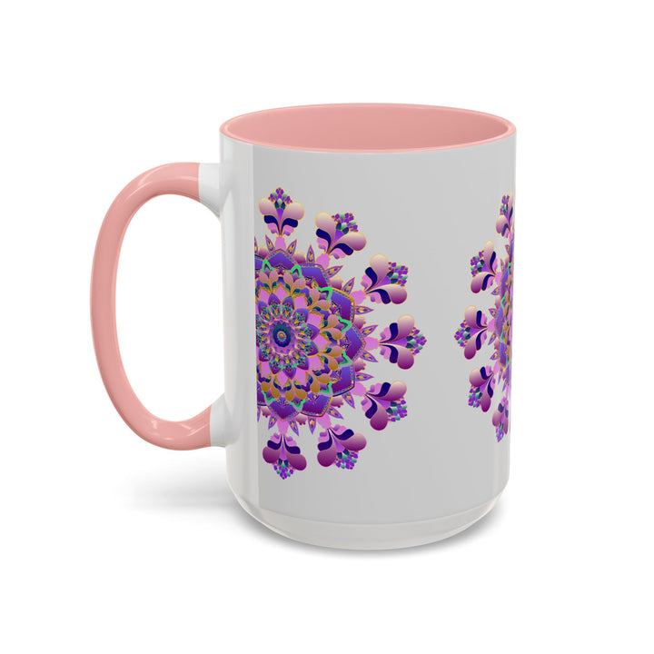 Beautiful purple and pink floral mandala design mug, perfect for enjoying your favorite hot beverages in style